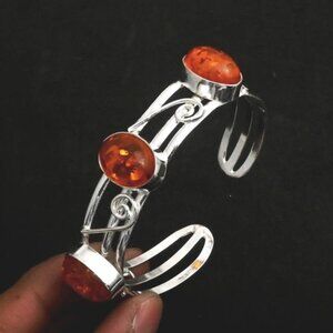 Amber Gemstone Sterlng Silver Adjustable Bangle Bracelet 35 Gms